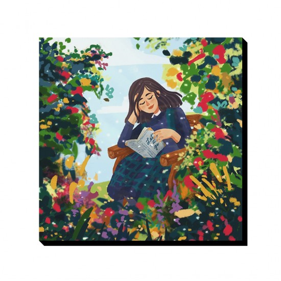 تابلو شاسی طرح دخترک کتابخوان در مزرعه رنگی کد cfp1572