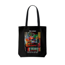 تت بگ متقال مشکی طرح گیتار، بطری، دیس میوه و لیوان روی میز از پیکاسو