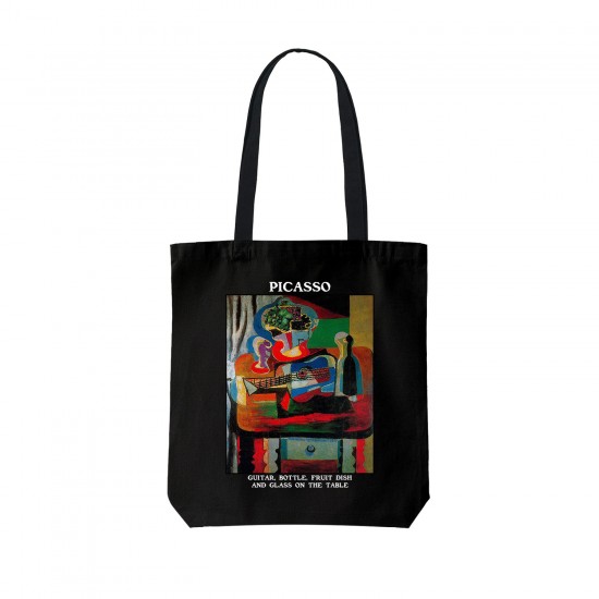تت بگ متقال مشکی طرح گیتار، بطری، دیس میوه و لیوان روی میز از پیکاسو