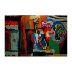 کادوپیچ پارچه‌ ای طرح گیتار، بطری، دیس میوه و لیوان روی میز از پیکاسو