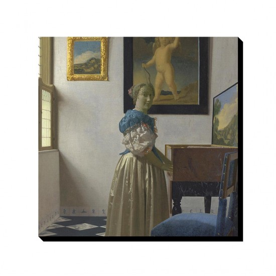 تابلو شاسی طرح زن ایستاده پشت ساز ویرژینال از ورمر