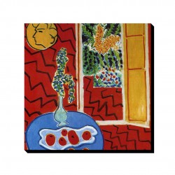 تابلو شاسی طرح داخلی قرمز، اشیاء بی جان روی میز آبی از ماتیس