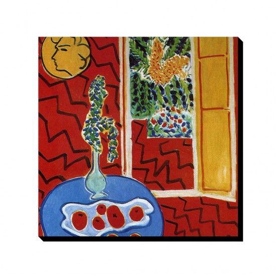 تابلو شاسی طرح داخلی قرمز، اشیاء بی جان روی میز آبی از ماتیس