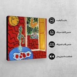 تابلو شاسی طرح داخلی قرمز، اشیاء بی جان روی میز آبی از ماتیس