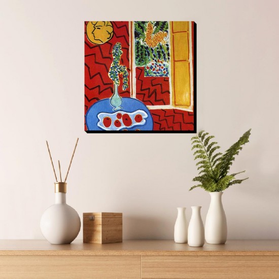 تابلو شاسی طرح داخلی قرمز، اشیاء بی جان روی میز آبی از ماتیس