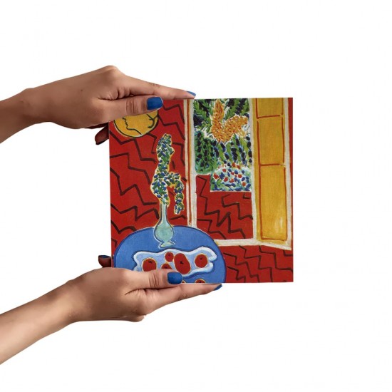 تابلو شاسی طرح داخلی قرمز، اشیاء بی جان روی میز آبی از ماتیس