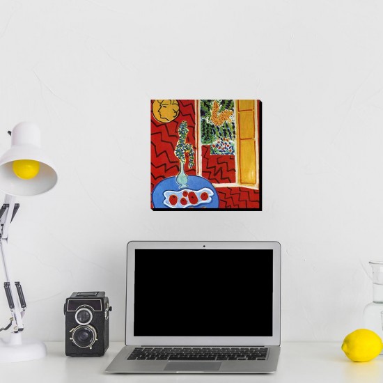 تابلو شاسی طرح داخلی قرمز، اشیاء بی جان روی میز آبی از ماتیس